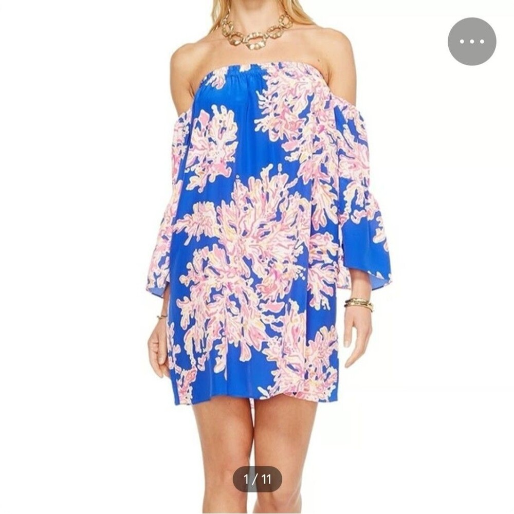 Lilly Pulitzer Sanilla Silk Off The Shoulder Dress SMALL EELECTRIC CORAL REEF